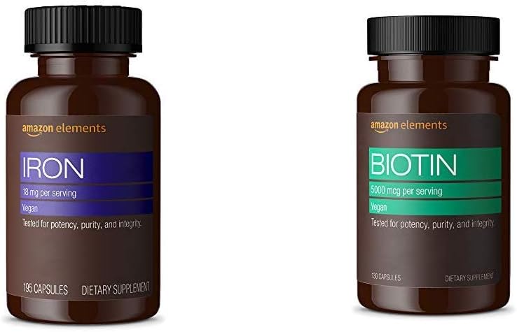 Elements Iron 18mg Capsules, Supports Red Blood Cell Production, Vegan (195 Count, 6 Month Supply) and   Elements Vegan Biotin 5000 mcg - Hair, Skin, Nails (130 Capsules, 4 Month Supply) 2