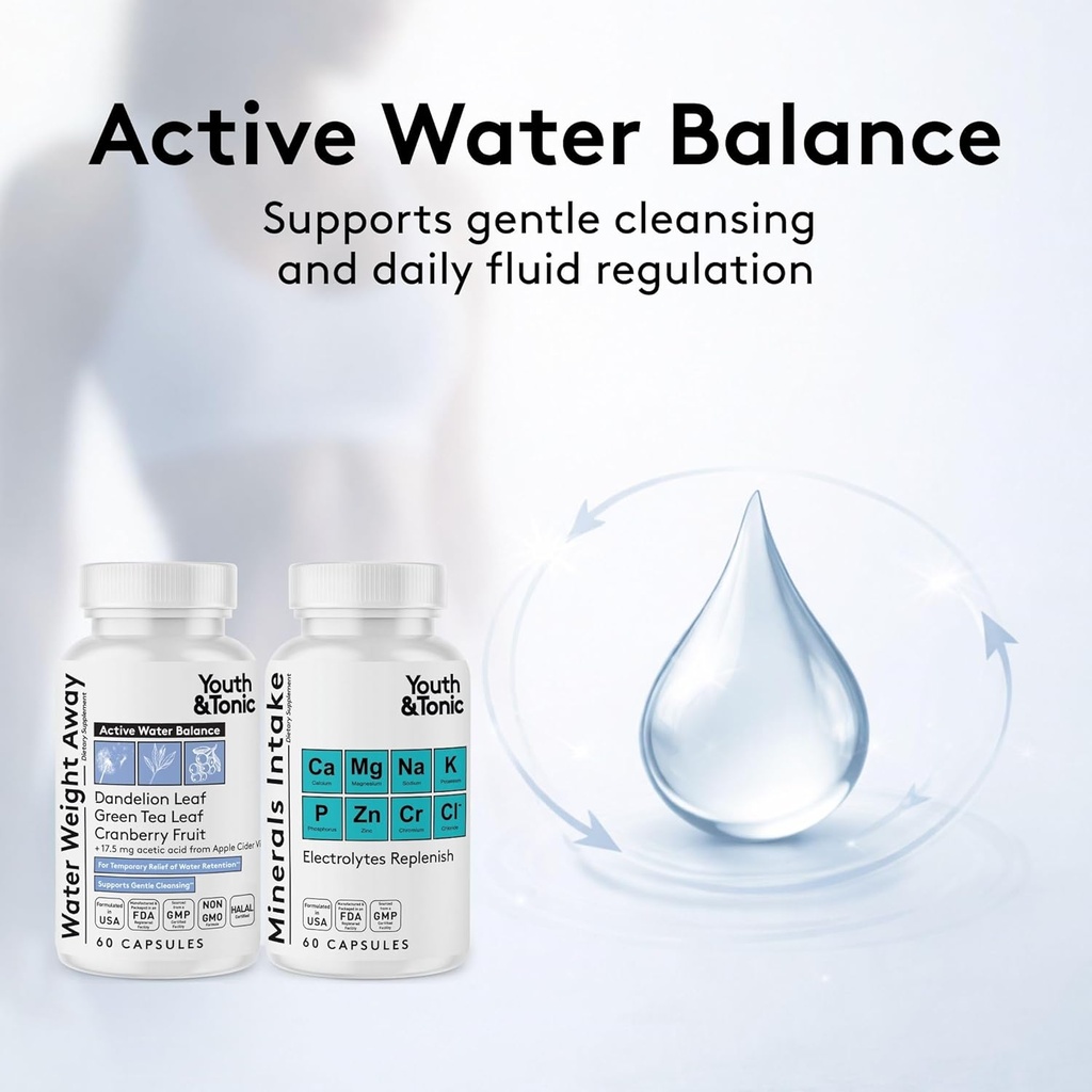 Water Weight Pills for Thin Waistline Belly Bloating Swelling & Temporary Water Retention + Electrolytes Replenish as Natural Diuretic Supplement for Woman & Men – 120 Capsules by Youth & Tonic 4