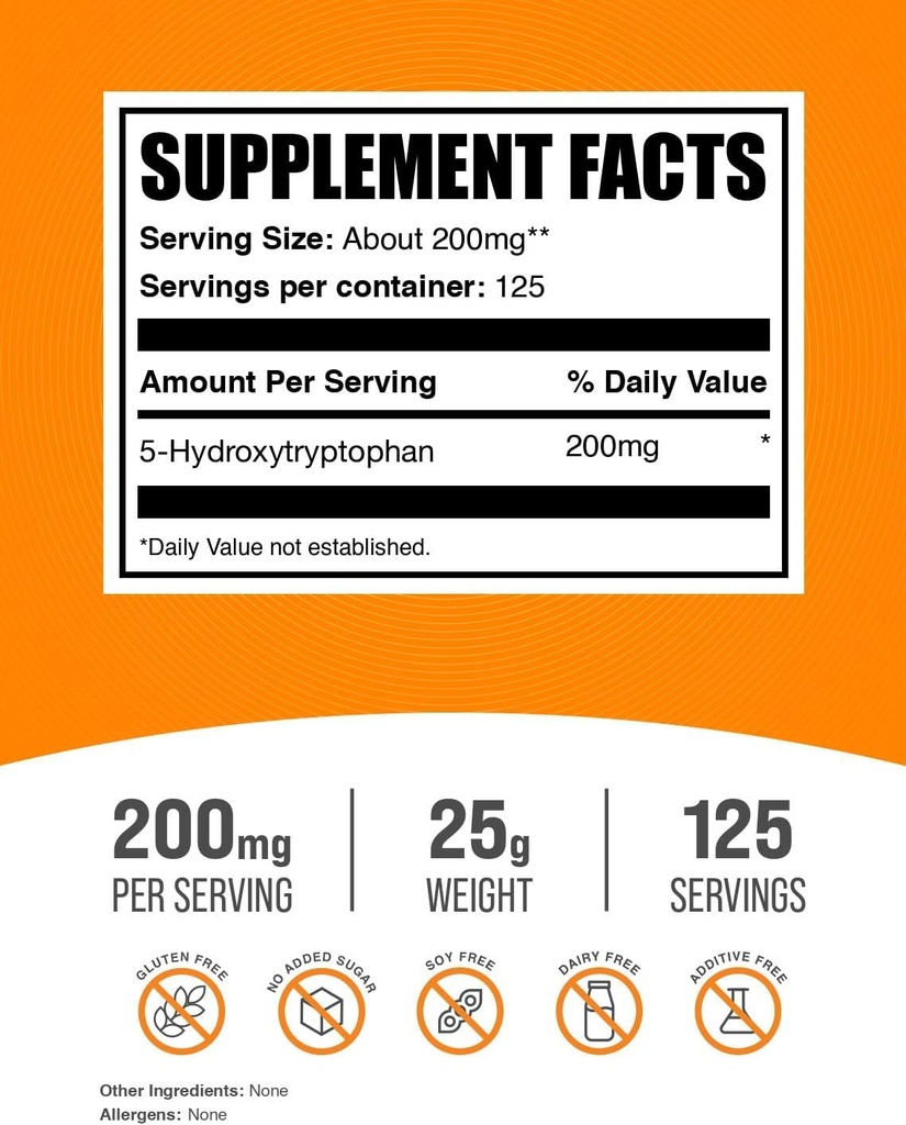 BulkSupplements.com 5-HTP Powder - 5-Hydroxytryptophan, 5 HTP Supplement - 5-HTP 200mg, Mood Support Supplement - Gluten Free, 200mg per Serving, 25g (0.88 oz) (Pack of 1) 3
