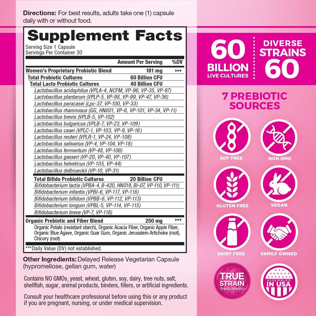 Vital Planet - Vital Flora Women’s Daily Probiotic 60 Billion CFU, 60 Diverse Strains, 7 Organic Prebiotics, Vaginal and Immune Support, Bloating, Digestive Health Probiotics for Women 30 Capsules 3
