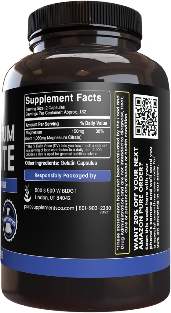 Pure Original Ingredients Magnesium Citrate (365 Capsules) No Magnesium Or Rice Fillers, Always Pure, Lab Verified 5