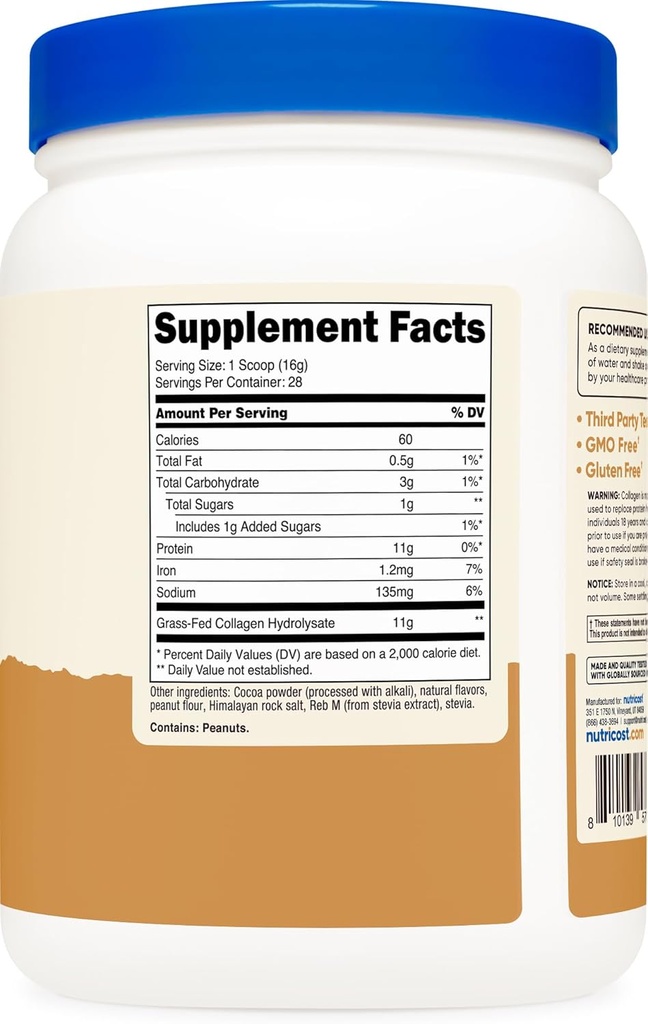 Nutricost Collagen Peptides Powder (Chocolate Peanut Butter Flavored) 1 LB - Grass-Fed Collagen Hydrolysate, Gluten-Free 6