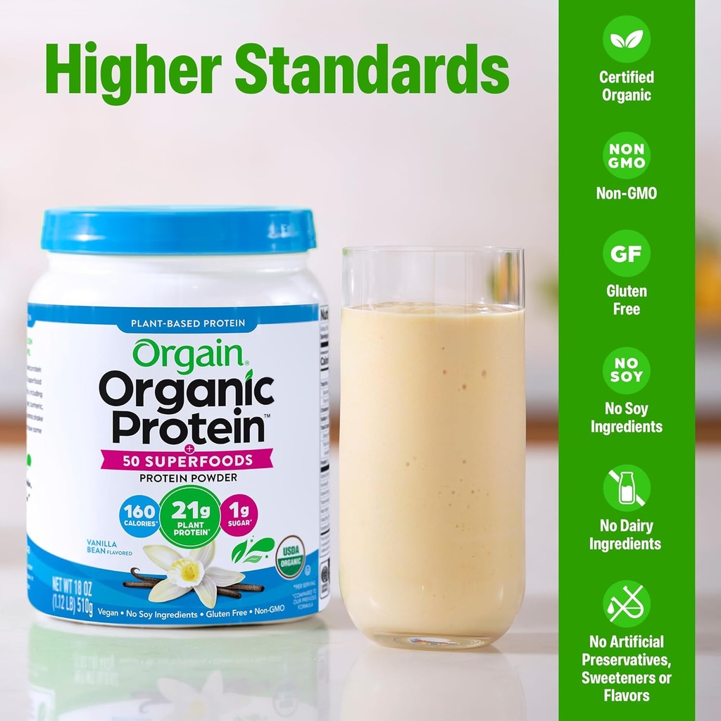 Orgain Organic Vegan Protein + 50 Superfoods Powder, Vanilla Bean - 21g Plant Based Protein, 8g Prebiotic Fiber, No Lactose Ingredients, Gluten Free, No Added Sugar, 1.12 lb (Packaging May Vary) 4