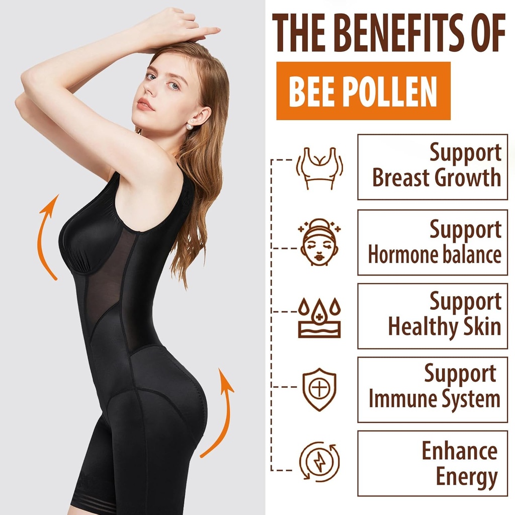 Bee Pollen for Breast Growth Organic 1000mg + Organic Plant D3 K2-5X Absorption Than Standard D3K2 5