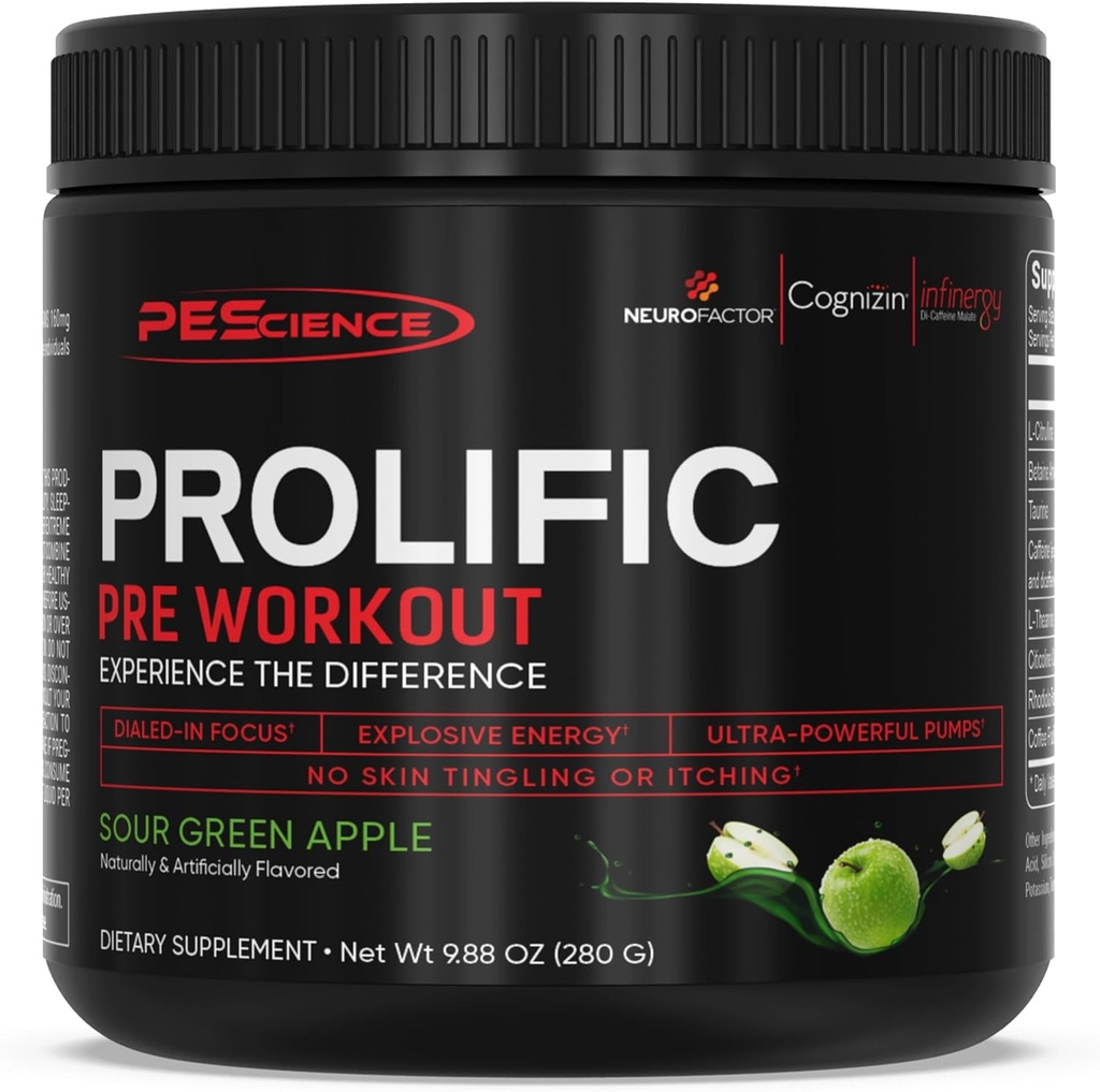 PEScience Prolific Energy Pre Workout – L Citrulline for Nitric Oxide, Rhodiola & CDP Choline Nootropic for Focus – Preworkout for Men & Women – 40 Scoops, Sour Green Apple 2