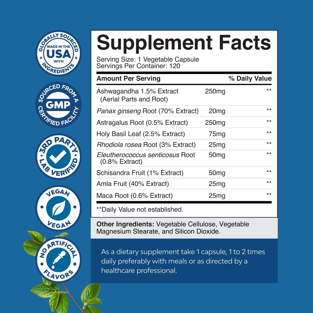 Herbal Adaptogen Mood Support Supplement - Calming Adaptogens Supplement for Stress & Cortisol Management with Ashwagandha Rhodiola Rosea & Maca Root - Vegan Non GMO & Daytime Friendly -120ct 4