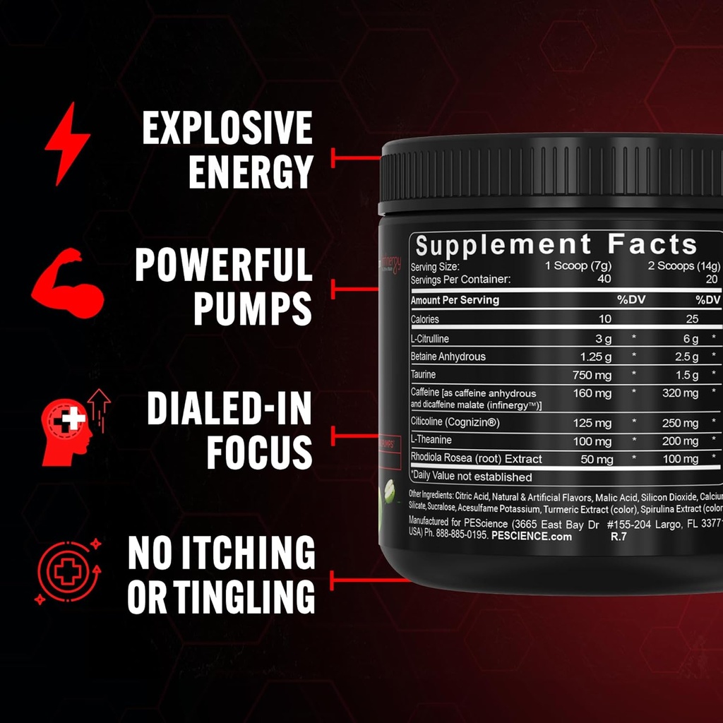 PEScience Prolific Energy Pre Workout – L Citrulline for Nitric Oxide, Rhodiola & CDP Choline Nootropic for Focus – Preworkout for Men & Women – 40 Scoops, Sour Green Apple 3