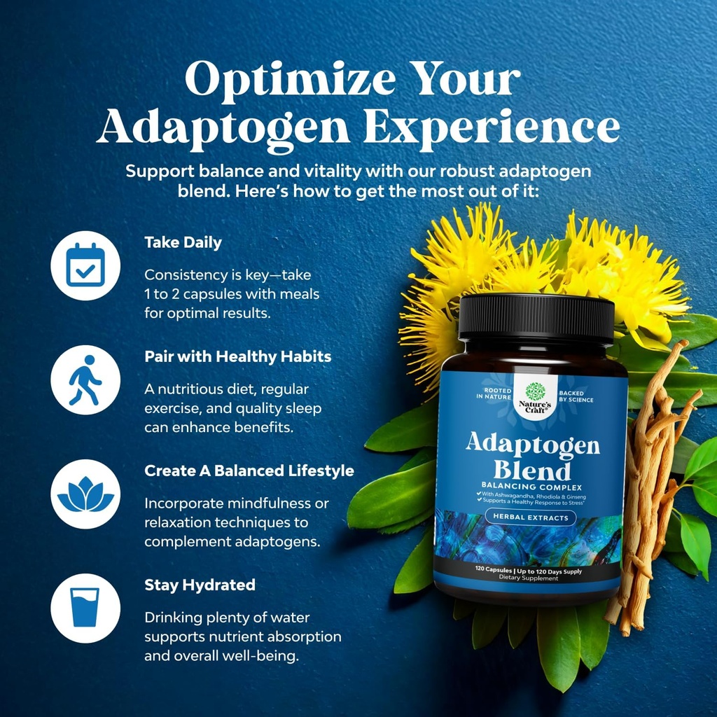 Herbal Adaptogen Mood Support Supplement - Calming Adaptogens Supplement for Stress & Cortisol Management with Ashwagandha Rhodiola Rosea & Maca Root - Vegan Non GMO & Daytime Friendly -120ct 5