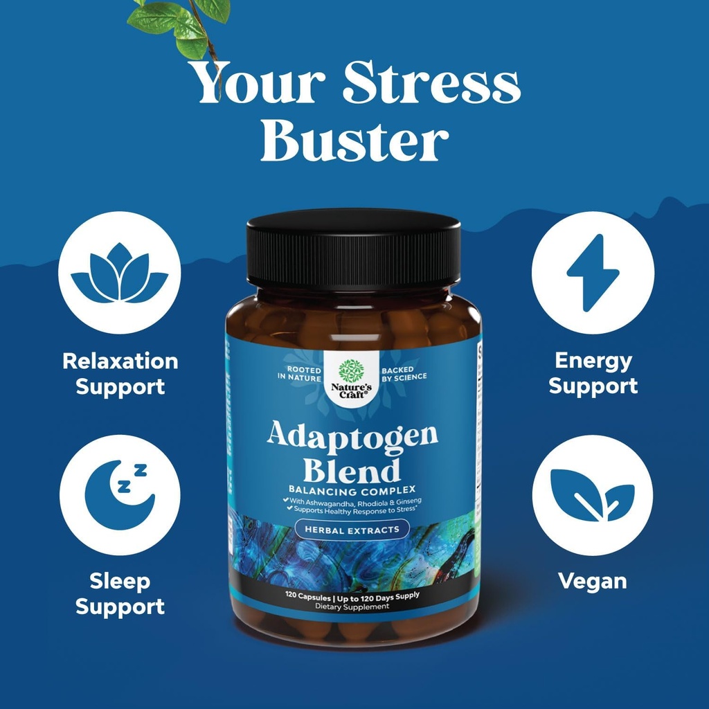 Herbal Adaptogen Mood Support Supplement - Calming Adaptogens Supplement for Stress & Cortisol Management with Ashwagandha Rhodiola Rosea & Maca Root - Vegan Non GMO & Daytime Friendly -120ct 6