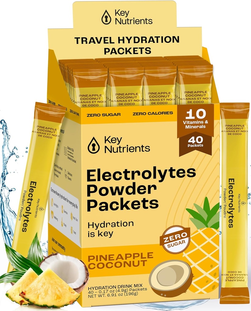 KEY NUTRIENTS Electrolytes Powder Packets - Tropical Pineapple Coconut 40 Pack Hydration Packets - Travel Hydration Powder - No Sugar, No Calories, Gluten Free Keto Electrolytes Powder - Made in USA 2