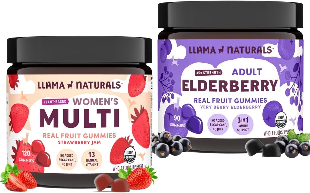 Llama Naturals Adult Elderberry Gummies + Women's Multivitamin Gummies Bundle | No Added Sugar Cane | Vegan | Organic | 2 Bottles 2