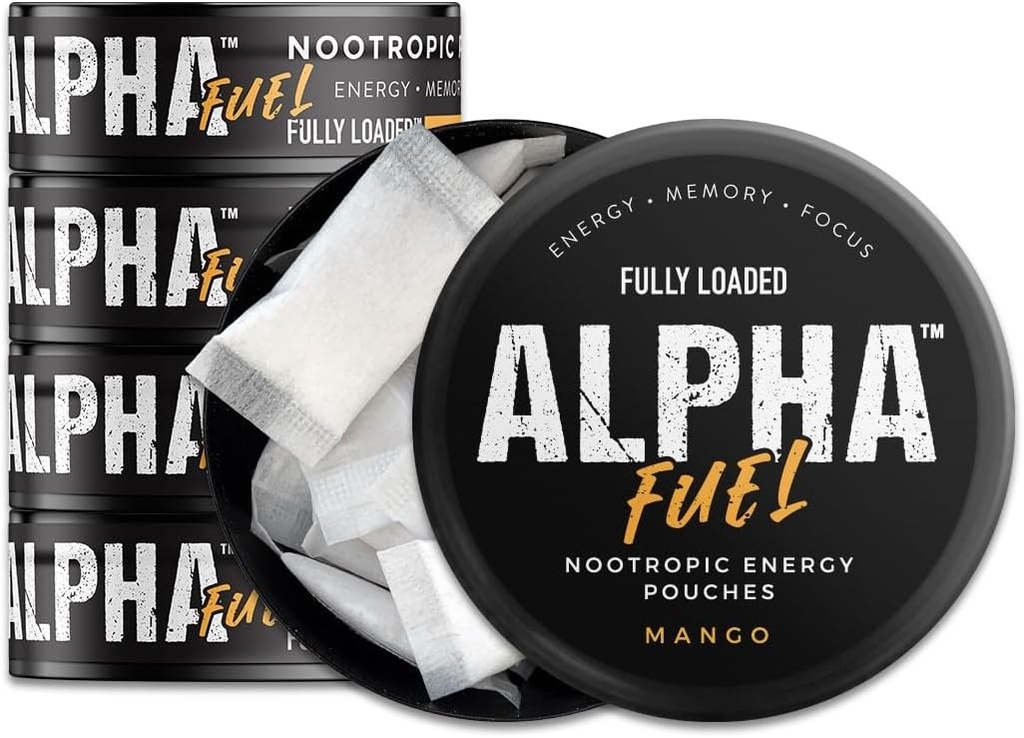Fully Loaded Alpha Fuel Nootropic Pouches (Mango Fuel) - 5 cans, 15 Pouches per can - Energy Pouches containing Caffeine and nootropic Blend 2