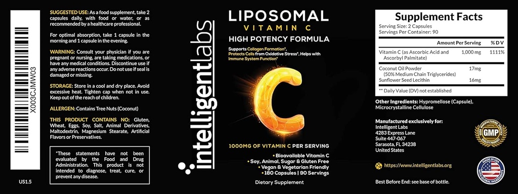 Intelligent Labs Liposomal Vitamin C 1000mg, 180 Veggie Capsules, Bioavailable, Energy & Immune Support, Antioxidant Supplement with MCT Oil and Sunflower Lecithin, 90-Day Supply 3