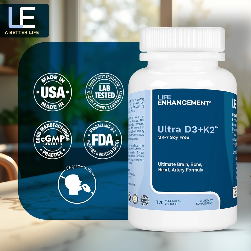 Life Enhancement Vitamin D3 K2 2000iu Supports Muscle & Brain Health - D3 K2 Supplement Helps in Immune and Cardiovascular Support - Made in USA (120 Vegetarian Capsules) 5