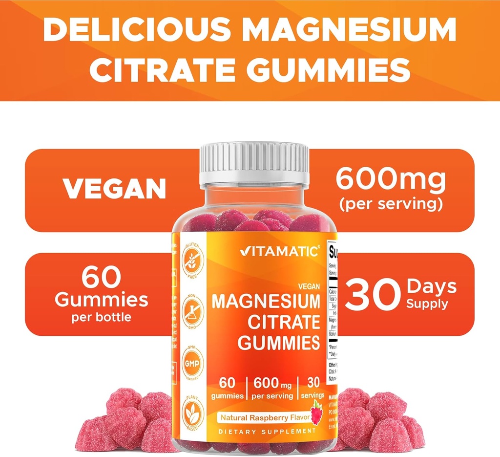 Vitamatic Magnesium Gummies 600mg per Serving – 60 Vegan Gummies – Relaxation, Muscle, Bone & Energy Support – 3 Pack 5
