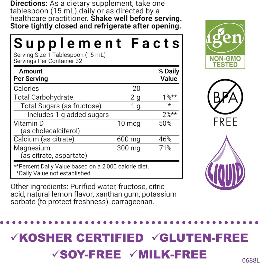 Bluebonnet Nutrition Liquid Calcium Citrate Magnesium Citrate, Vitamin D3, Bone Health, Gluten Free, Soy free, milk free, kosher, 32 Servings, Lemon Flavor, 16 Fl Oz (Pack of 1) 3