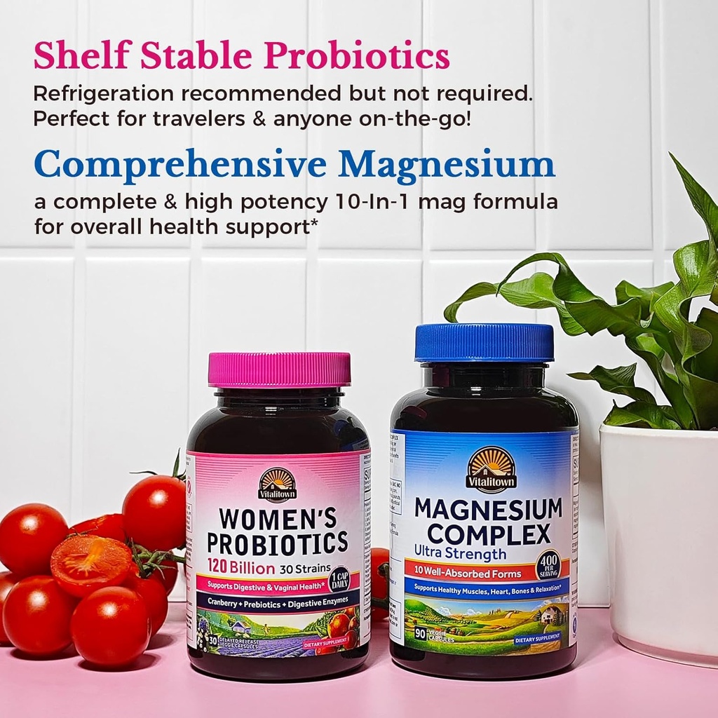 Vitalitown Magnesium + Probiotic Bundle (Pack of 2) | 10-in-1 Magnesium Complex & Women’s Probiotics 120 Billion CFUs | 90 Magnesium Caps & 30 Probiotic Caps 5
