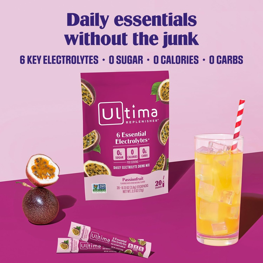 Ultima Replenisher Daily Electrolyte Powder Drink Mix – Sugar Free – Passionfruit, 20 Stickpacks – Hydration Packets with 6 Electrolytes and Trace Minerals – Keto Friendly, Non-GMO 3