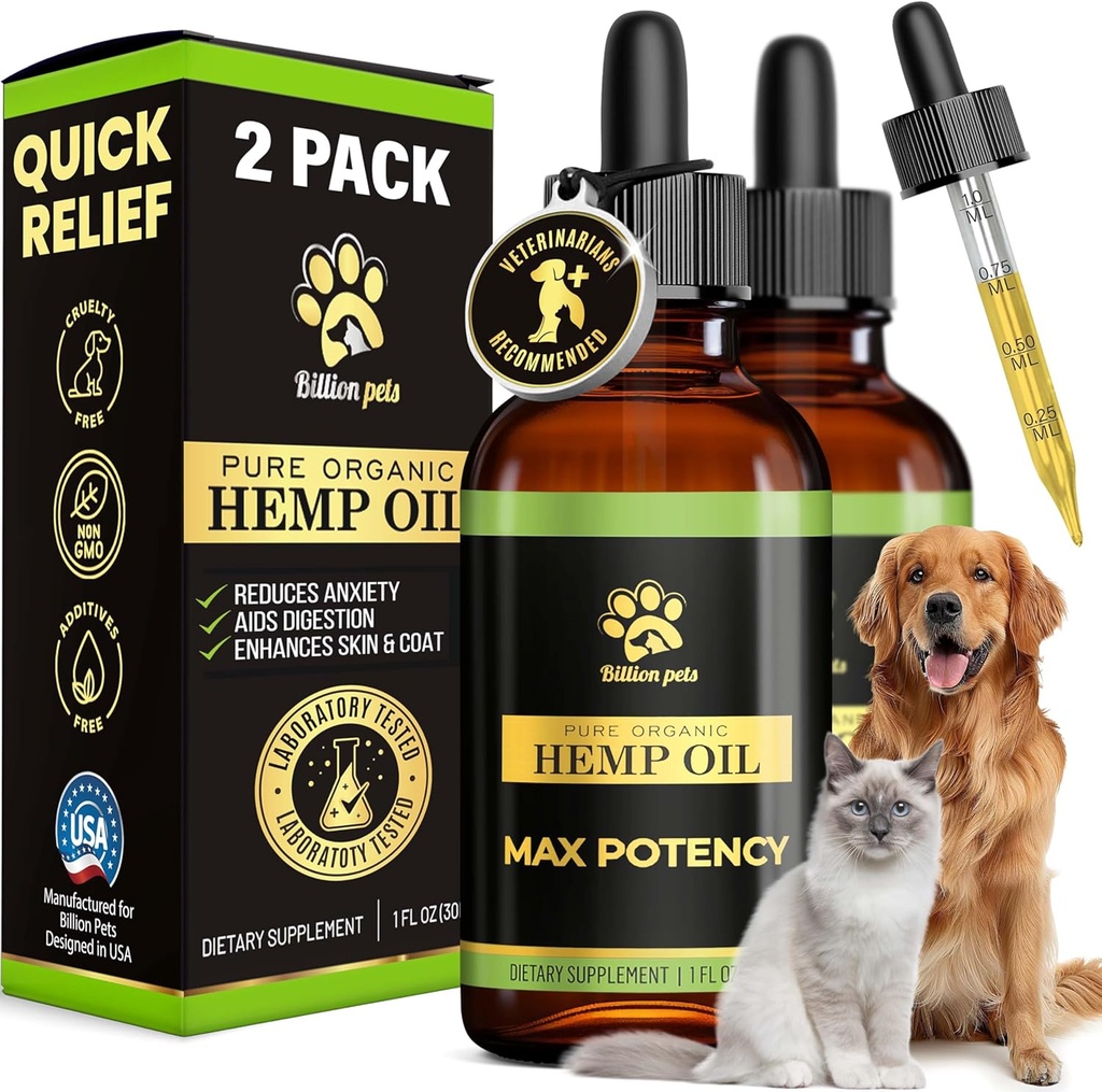 Billion Pets - Hemp Oil for Dogs and Cats - Helps with Anxiety, Pain, Stress, Sleep, Arthritis, Seizures Relief - Hip and Joint Support - Calming Drops 2