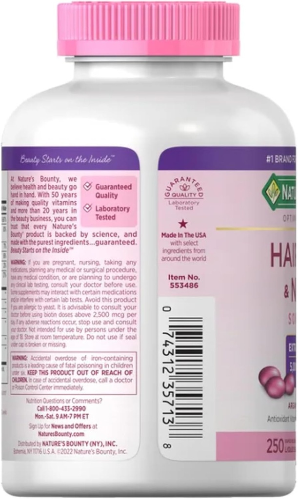 Nature's Bounty Hair Skin and Nails 5000 mcg of Biotin - 250 Coated Tablets Extra Strength 5