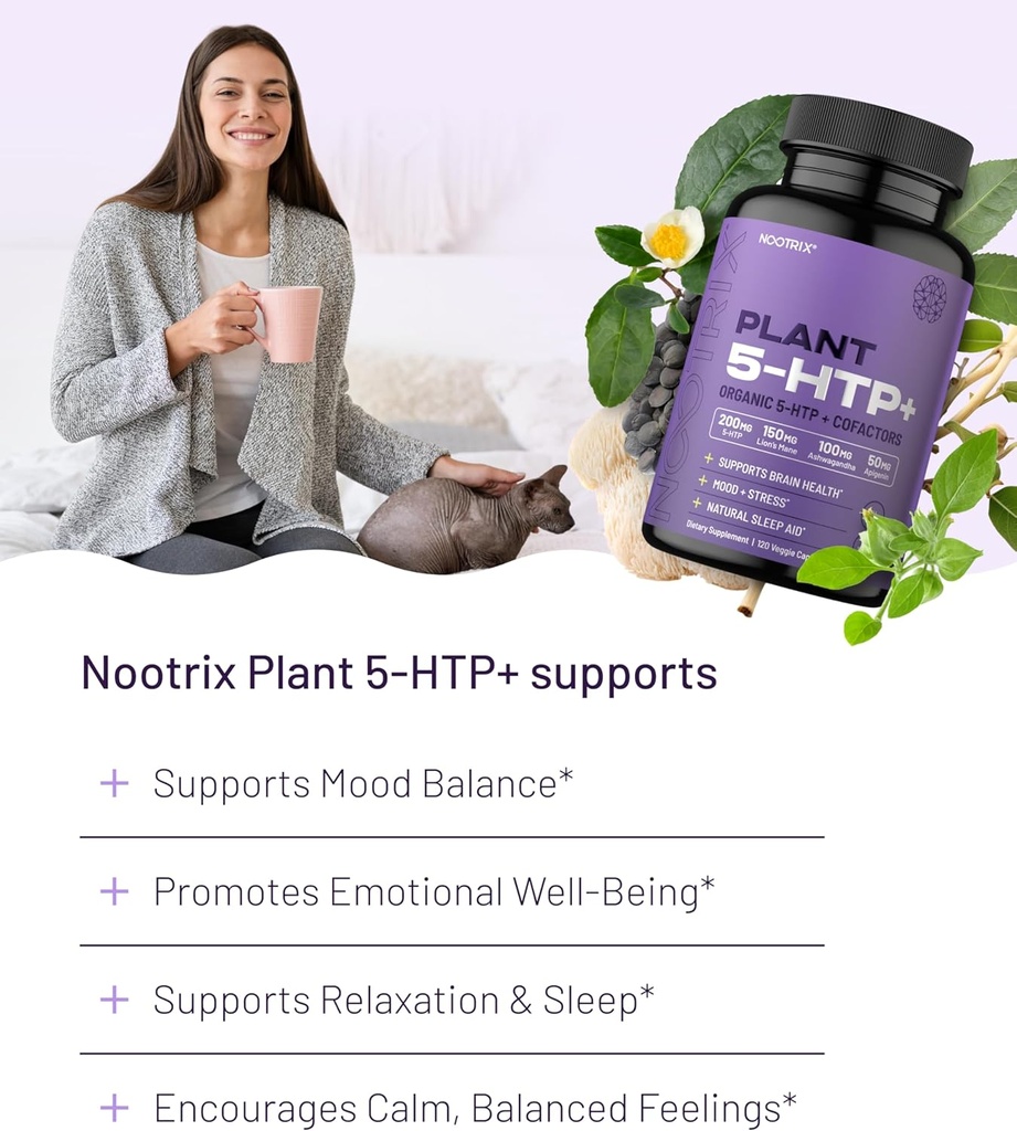 Nootrix Organic Plant 5 HTP+ Supplement | Supports Memory, Mental Focus, Cognitive Health & Energy | Promotes Healthy Mood & Brain Function | Vitamin B6 & L Theanine | 240 Capsules 4