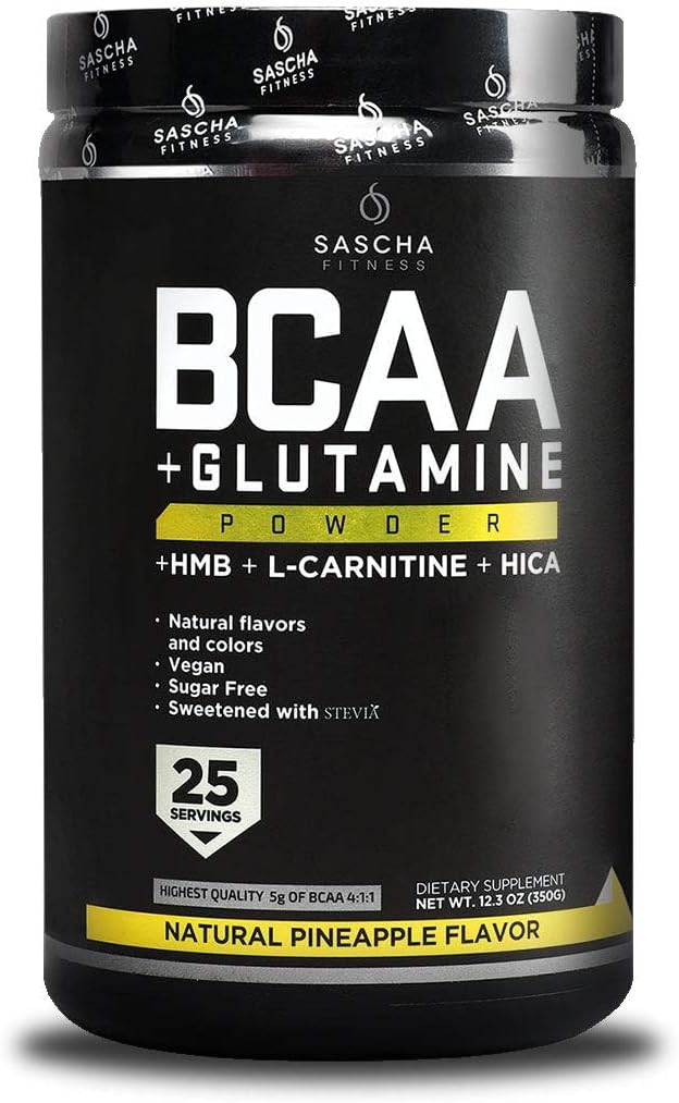 SASCHA FITNESS BCAA 4:1:1 + Glutamine,HMB,L-Carnitine, HICA | Powerful and Instant Powder Blend with Branched Chain Amino Acids (BCAAs) for Pre, Intra and Post-Workout|Natural Pineapple Flavor,362.5g 2