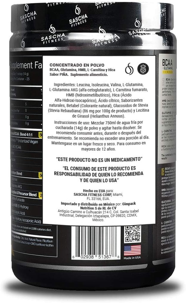 SASCHA FITNESS BCAA 4:1:1 + Glutamine,HMB,L-Carnitine, HICA | Powerful and Instant Powder Blend with Branched Chain Amino Acids (BCAAs) for Pre, Intra and Post-Workout|Natural Pineapple Flavor,362.5g 4