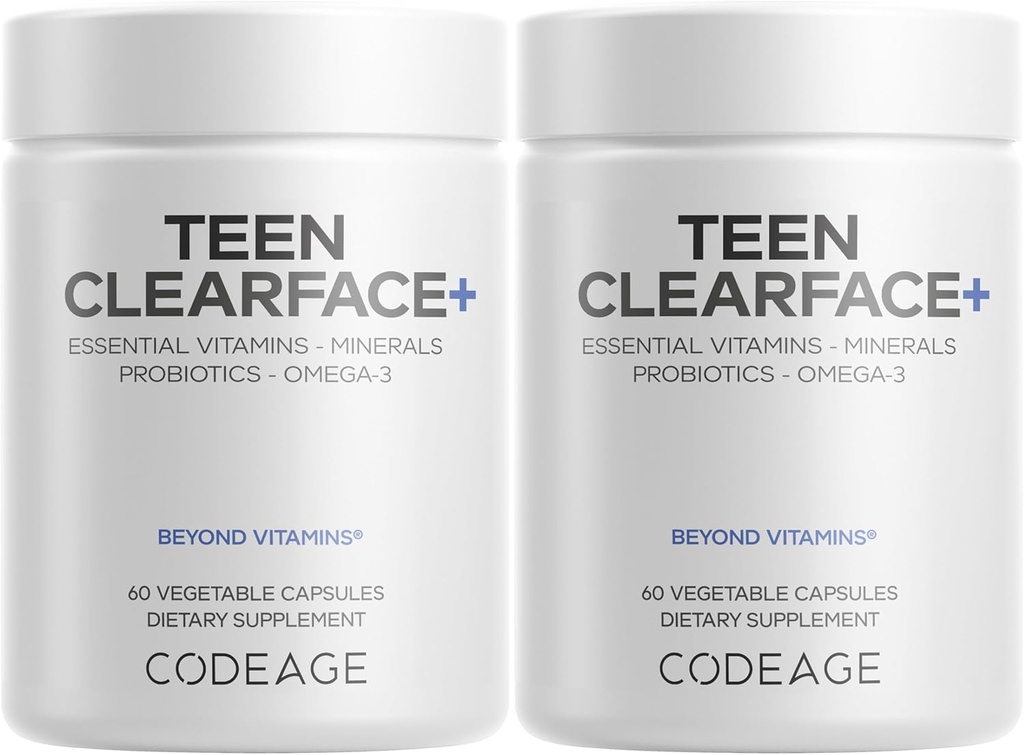Codeage Teen Clearface Adolescent Face, Skin & Pimples, Vitamins A, C, D3, E, Pantothenic Acid, Niacin, Zinc Supplement Teenagers, Probiotics, L-Lysine, Omega-3, Oily Skin, Pores, Spots - 2 Pack 2