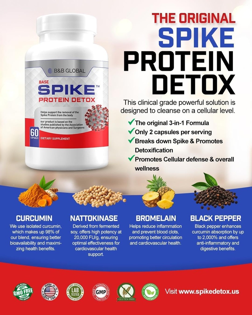 Spike Protein Detox - Spike Support Supplement for Protein Balance - Unflavored 3-in-1 Blend with Nattokinase 4000Fu, Bromelain 500mg, Curcumin 1000mg - Made in The USA - 60 Capsules, 30 Day Supply 4
