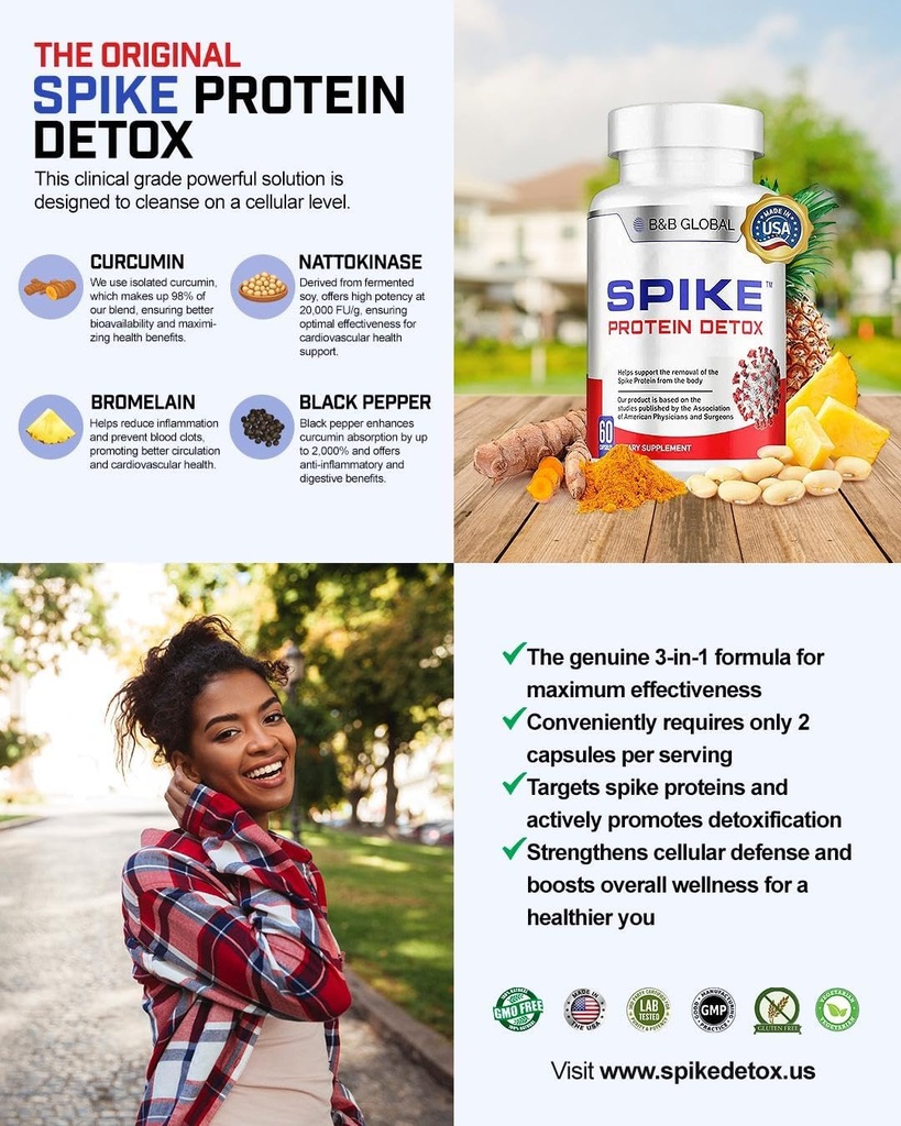 Spike Protein Detox - Spike Support Supplement for Protein Balance - Unflavored 3-in-1 Blend with Nattokinase 4000Fu, Bromelain 500mg, Curcumin 1000mg - Made in The USA - 60 Capsules, 30 Day Supply 6