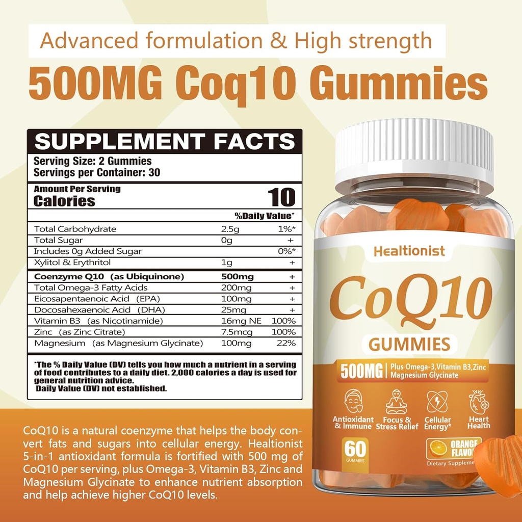2 Pack 500MG Coq10 Gummies - 3X Better Absorption, Plus Omega-3, Magnesium, Vitamin B3 & Zinc - Coenzyme Q10 Supplements for Heart Health, Cellular Energy & Antioxidant, Vegan, 120 Counts 3