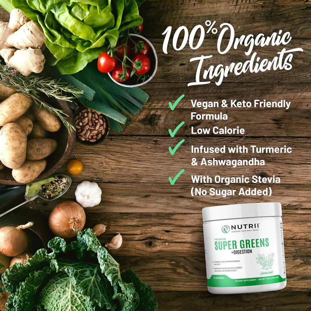 Organic Green Immunity Superfood Powder - Soothes Digestion, Boosts Healthy Vitality and Energy. Fast Acting Formula with Probiotics, Enzymes, Turmeric and Ashwagandha (30 Servings Lemon-Mint) 4