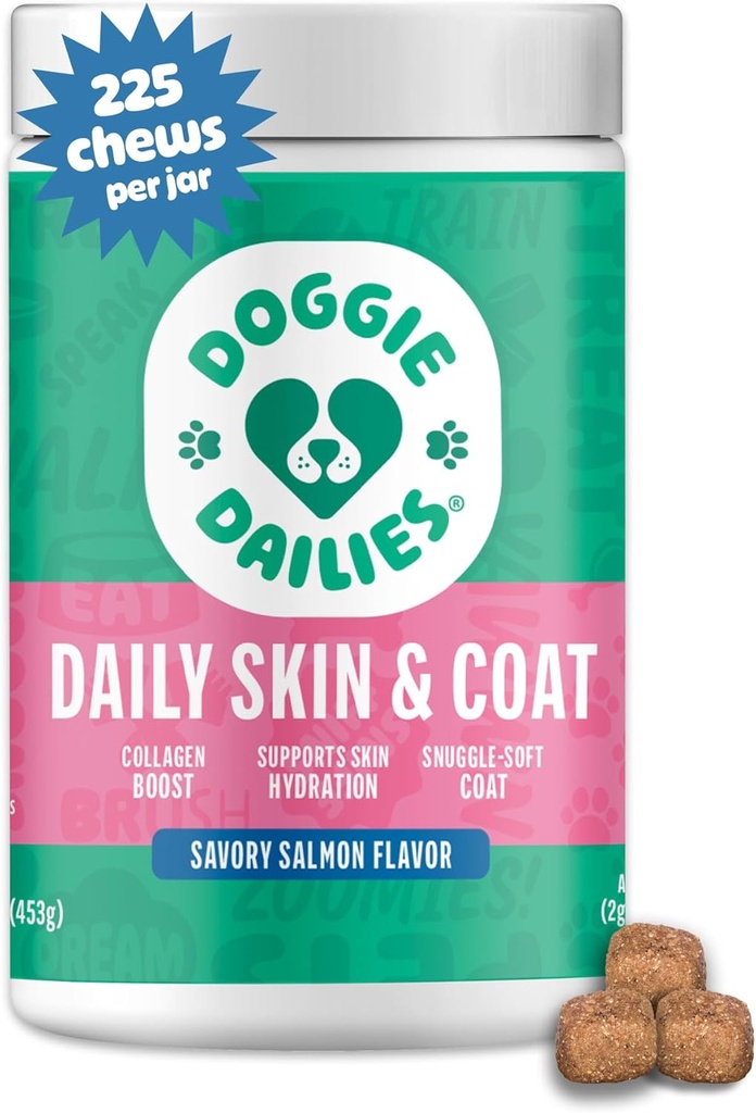 Doggie Dailies Skin & Coat Supplement Support, Salmon Oil for Dogs Skin and Coat with Collagen, Omega 3, Krill Oil, Biotin, & Coconut Oil for Dogs (Salmon) 225 Soft Chews 2