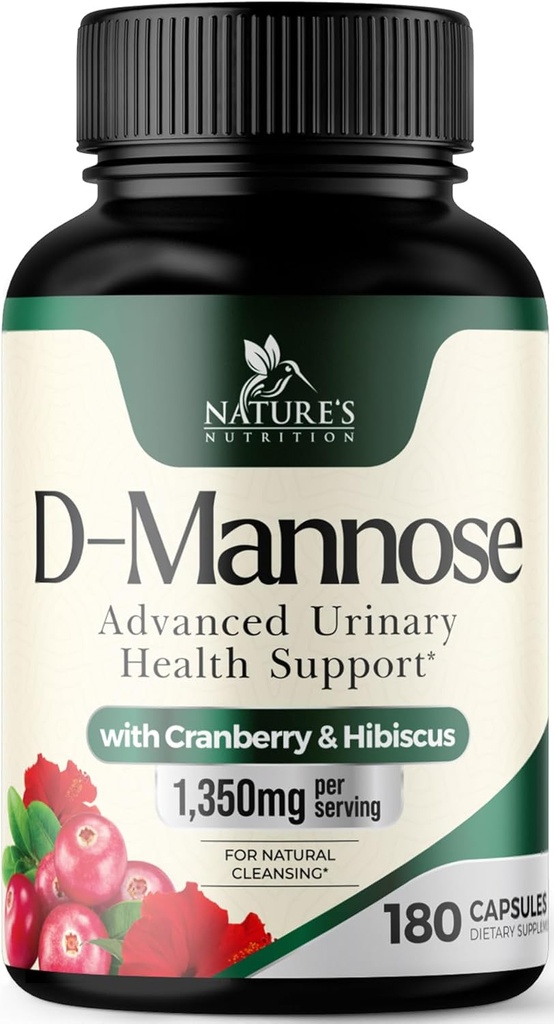 D-Mannose Supplement 1,350 mg with Cranberry & Hibiscus - Effective Fast-Acting, Flush the Impurities for Natural Bladder, Urinary Tract Health Support, for Women and Men, Non-GMO, Vegan, 180 Capsules 2