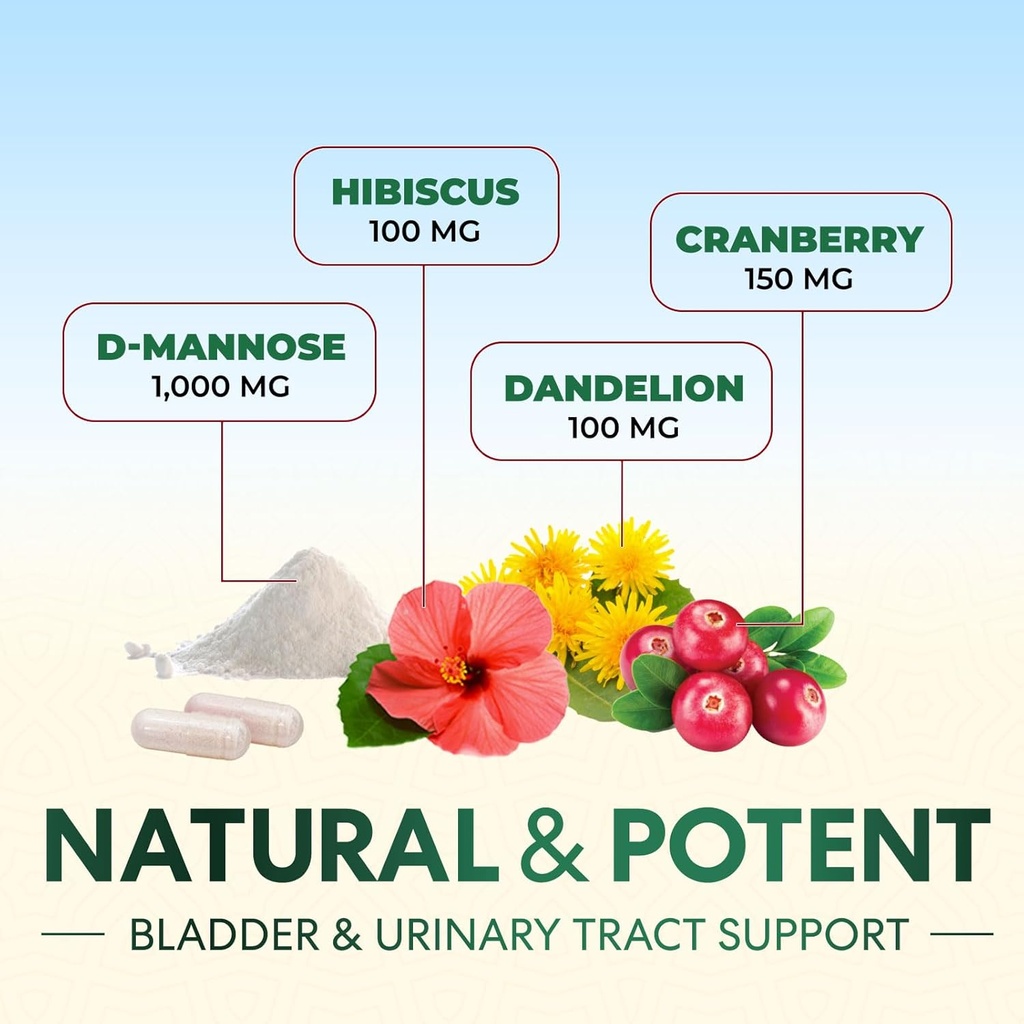 D-Mannose Supplement 1,350 mg with Cranberry & Hibiscus - Effective Fast-Acting, Flush the Impurities for Natural Bladder, Urinary Tract Health Support, for Women and Men, Non-GMO, Vegan, 180 Capsules 4