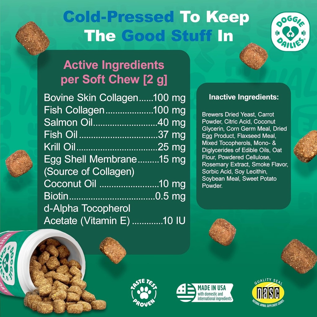 Doggie Dailies Skin & Coat Supplement Support, Salmon Oil for Dogs Skin and Coat with Collagen, Omega 3, Krill Oil, Biotin, & Coconut Oil for Dogs (Salmon) 225 Soft Chews 6