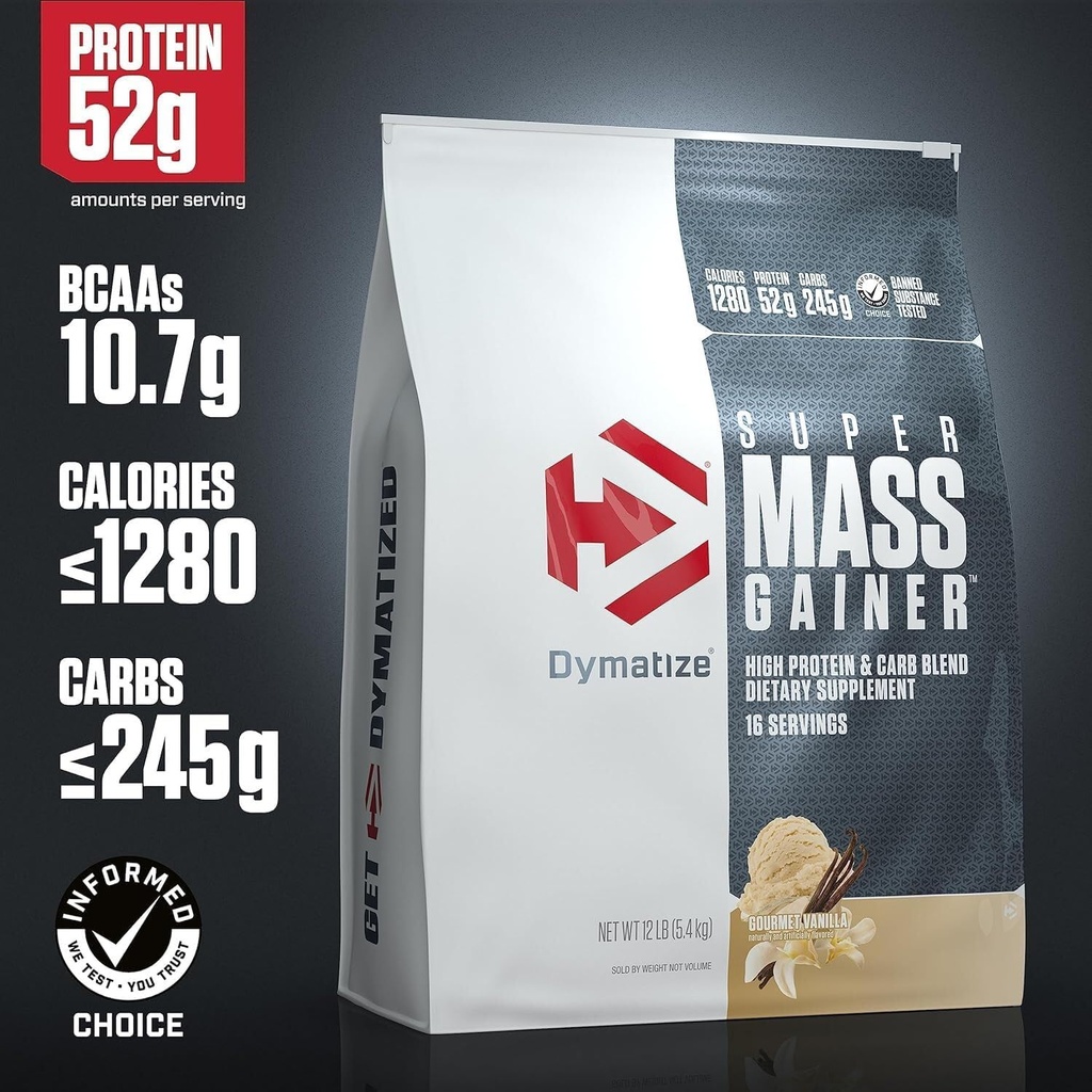 Dymatize Super Mass Gainer Protein Powder, Gourmet Vanilla, 52g Protein, 1g Creatine, 1280 Calories, 10.7g BCAAs, 245g Carbs, Contains Whey Protein, Isolate, and Casein (16 Servings) 5