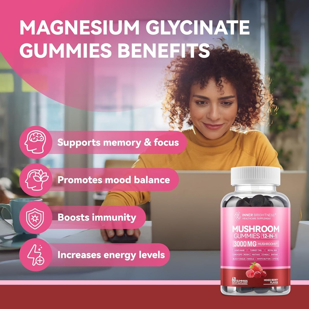 Mushroom Gummies for Adults 12-in-1, 3000mg Mushroom Supplement with Lion’s Mane, Reishi, Cordyceps, Mushroom Gummies for Focus and Energy - Mixed Berry Flavor, 60ct 6