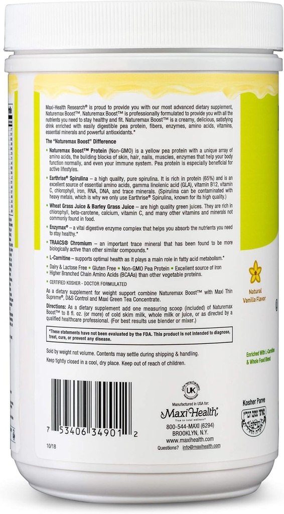 NatureMax BoostTM Pea Protein Powder - Diet Supplement Meal Replacement - 20g Protein Per Serving - Natural Vanilla Flavor - Kosher Vitamin - 1lb 4