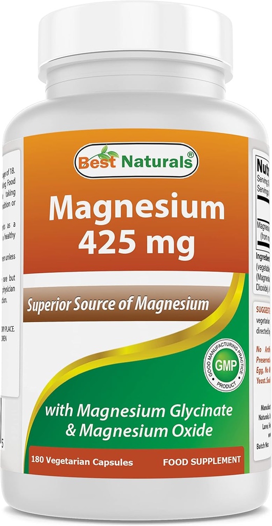 Best Naturals Magnesium 425 mg 180 Veggie Capsules - High Absorption Magnesium Glycinate & Magnesium Oxide Chelated, Non-GMO, Gluten Free Muscle Relax (180 Count (Pack of 1)) 2