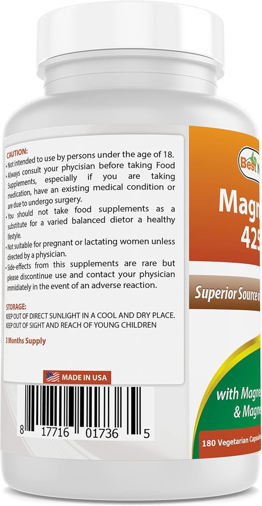 Best Naturals Magnesium 425 mg 180 Veggie Capsules - High Absorption Magnesium Glycinate & Magnesium Oxide Chelated, Non-GMO, Gluten Free Muscle Relax (180 Count (Pack of 1)) 4