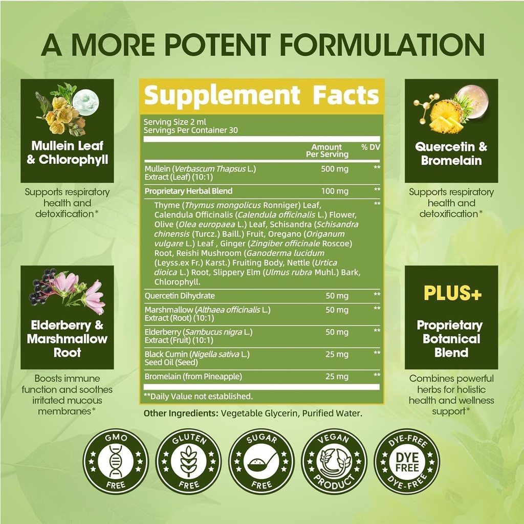 Mullein Drops for Lungs, Lung Detox & Cleanse, Vegan Mullein Leaf Extract Tincture with Chlorophyll Elderberry, etc, Natural Herbal Supplement for Respiratory, Immune, 30 Servings 3