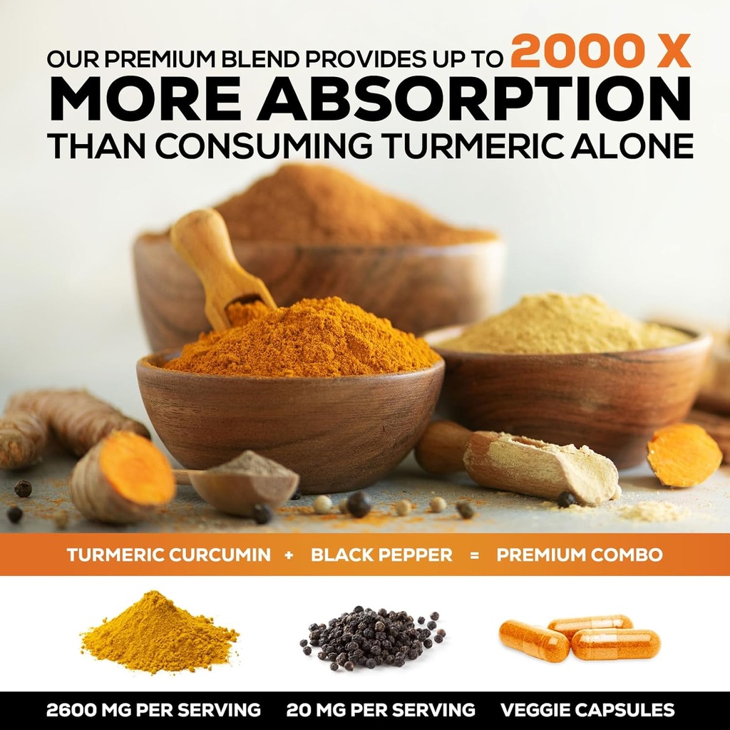 Turmeric Curcumin Supplement 2600mg - 95% Curcuminoids with Organic Turmeric & BioPerine Black Pepper Extract for Best Absorption, Natural Vegan Joint Support, Non-GMO, Bottled in USA - 180 Capsules 6
