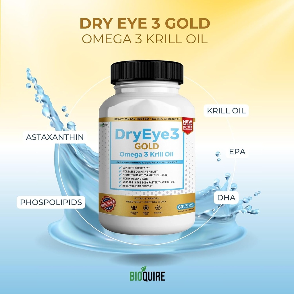 Dry Eye 3 Gold Omega 3 Krill Oil Extra Strength, 60 Softgels, Dry Eye Support, Non-GMO, Gluten Free, Sugar Free (5) 6