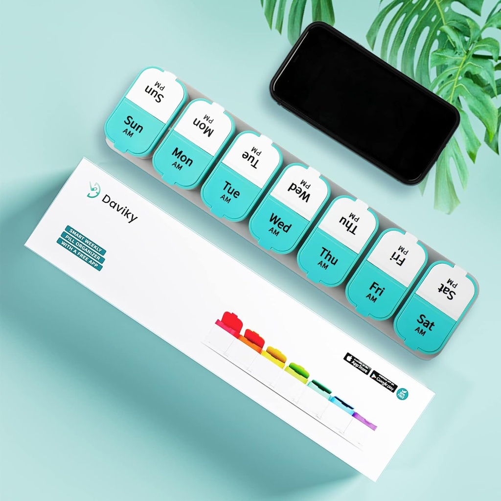 Daviky Large Weekly AM PM Pill Organizer - 7 Day, 2 Times a Day With Extra Large Compartments for Vitamins, Medicine, Supplements (Cyan) 4