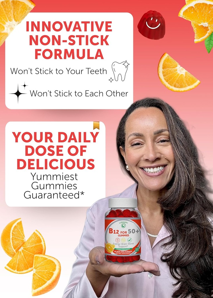 Lunakai USA Made Vitamin B12 Gummies for Adults 50+, Non-GMO B12 for Energy & Vitality Boost, Delicious Orange Flavor, 60ct 4