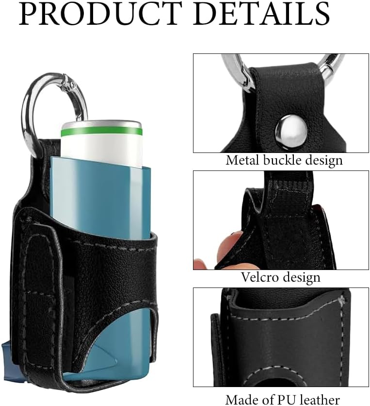 2pcs Portable Asthma Inhaler Holder，Lightweight PU Leather Protective Travel Handy Asthma Inhaler Case for Adults and Kids，Holder Only (Black) 4