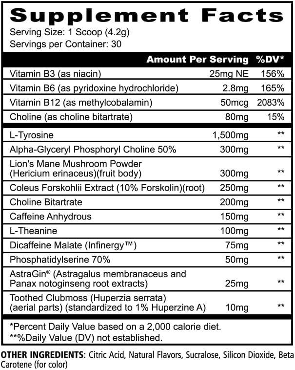 Underground Bio Labs Panda Supps Focus Super Nootropic 3.0, Energy, Clarity, Mood,Creativity,Vision, 300MG Alpha GPC,1.5G L-Tyrosine, Lions Mane, AstraGin™ (30 Servings) (Peach Mango 3.0) 3