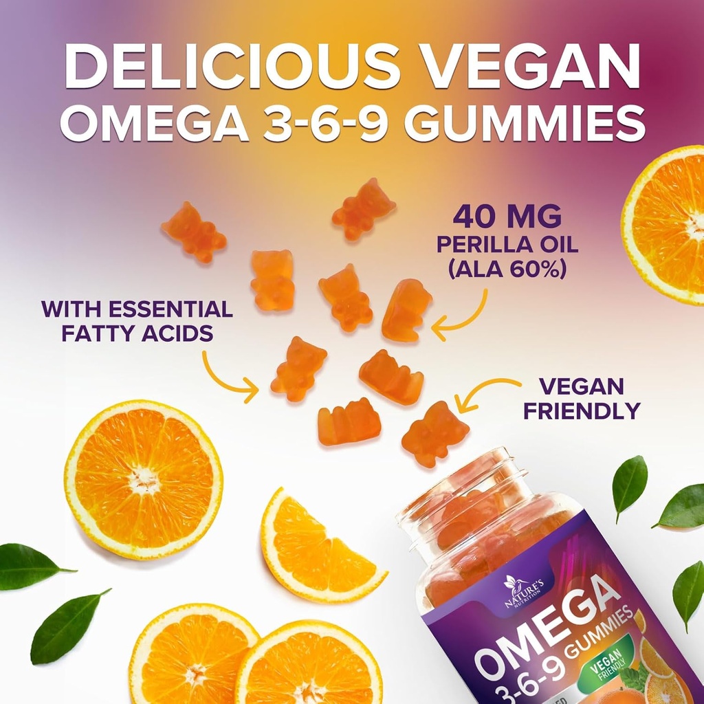 Omega 369 Gummies - Vegan Triple Omega 3 Supplement Gummy - Essential Fatty Acids Oil 3 6 9 Complex Heart Support and Brain Support for Women, Men & Pregnancy, Fish Free Non-GMO, Orange - 60 Gummies 6