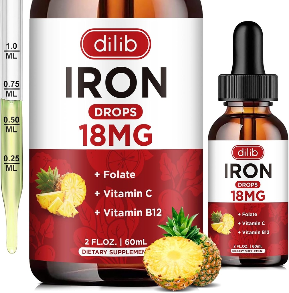 Suplemento de hierro líquido para mujeres &amp; hombres gotas de hierro Suplementos de hierro para la anemia con folato, vitamina C, B12 para la célula de sangre roja Apoyo a la piel, 2 Fl Oz